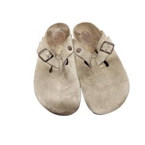Birkenstock Taupe Suede Buckle Clogs Mule Sandals Normcore Comfort EU 41